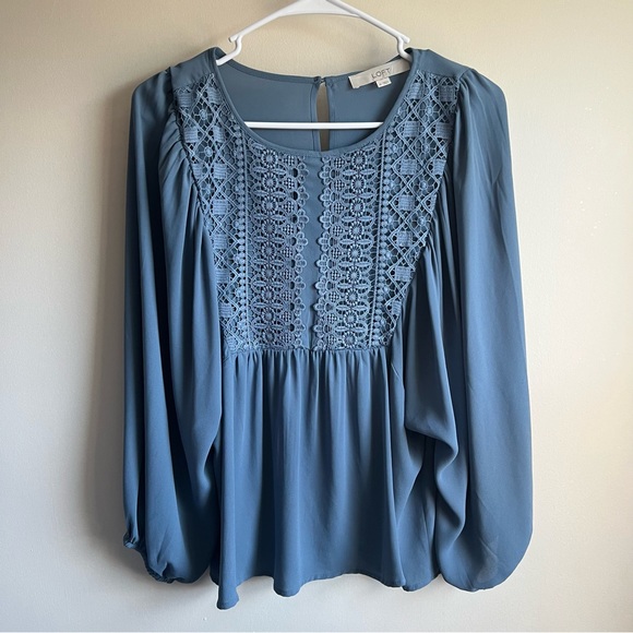 LOFT Tops - Loft Blue Gray Lace Crochet Front Bib Long Sleeve Blouse